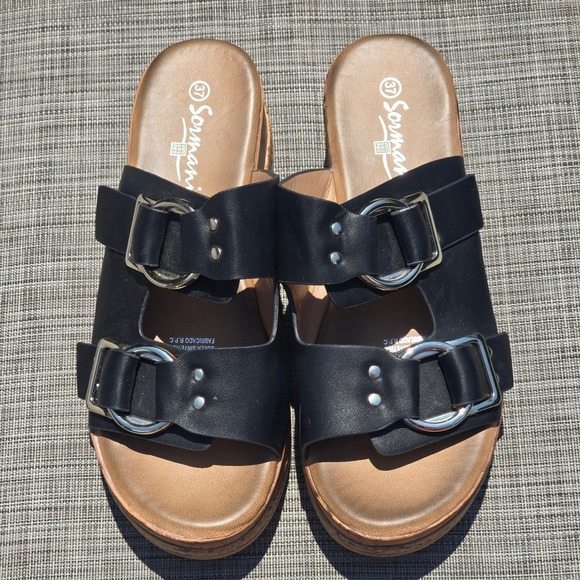 Sormani Shoes - Sormani Double Buckle Platform Slide Women 37 Black Faux Leather Boho Edgy